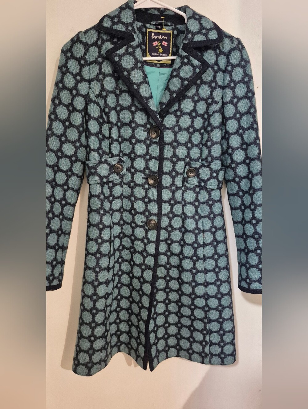 Boden Teal and Black Geometric Wool Tweed Coat Sz.2